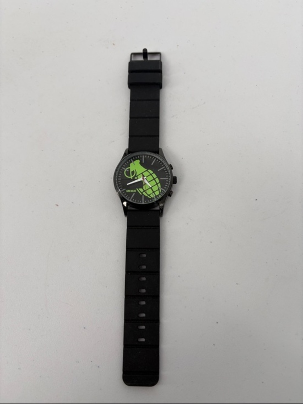 🐯 Grenade Launch Black Silicone Strap Watch with Green Dial Accent